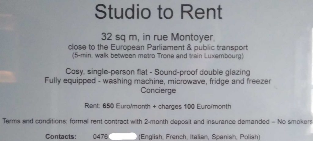 Ogłoszenie o najmie mieszkania w Brukseli w Dzielnicy Europejskiej.